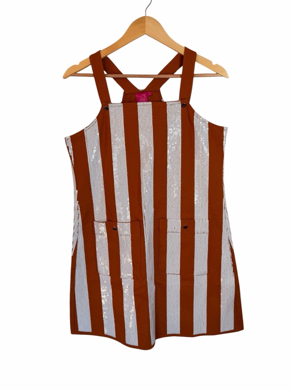 Queen of Sparkles Burnt Orange White Sequin Striped Overall Dress Womens Sml NWT - Picture 2 of 11